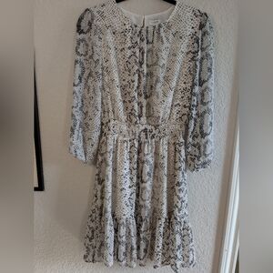 J. Crew A-Line Mini Dress Cream Gray Snake Print Long Sleeves Smocked Waist XS